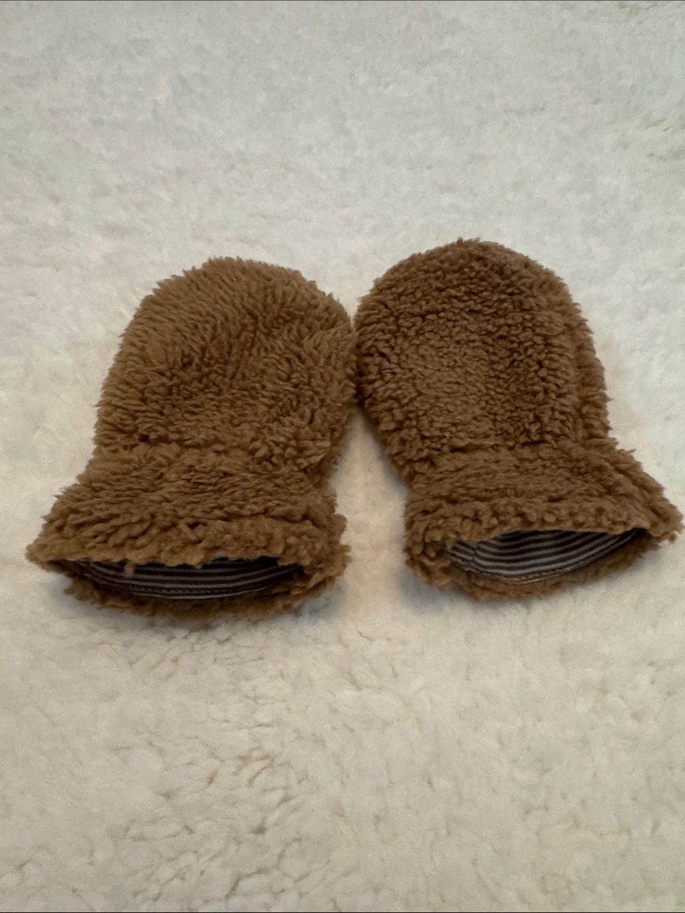 Carter's Tan Sherpa Baby Mittens with Striped Cuff
